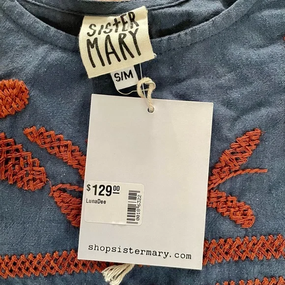Sister Mary Luna Dee Embroidered Bird Top Grey Rust Women’s Size S/M BRAND NEW - Picture 2 of 10
